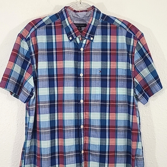 TOMMY HILFIGER Men's Plaid Short Sleeve Orange-Red/Blue Button-Up Shirt, size XL - Picture 2 of 7